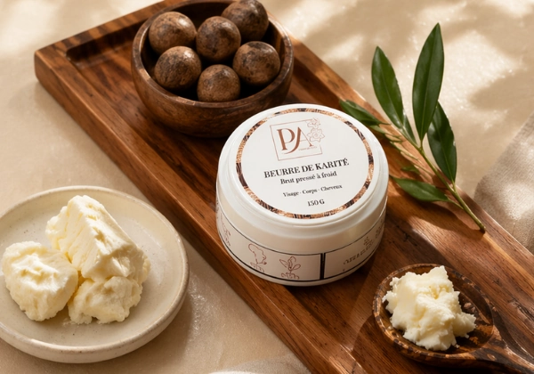 beurre de karité prix maroc : bannière Perles d’Afrique Cosmetics avec pot de karité brut pressé à froid, noix de karité et texture naturelle